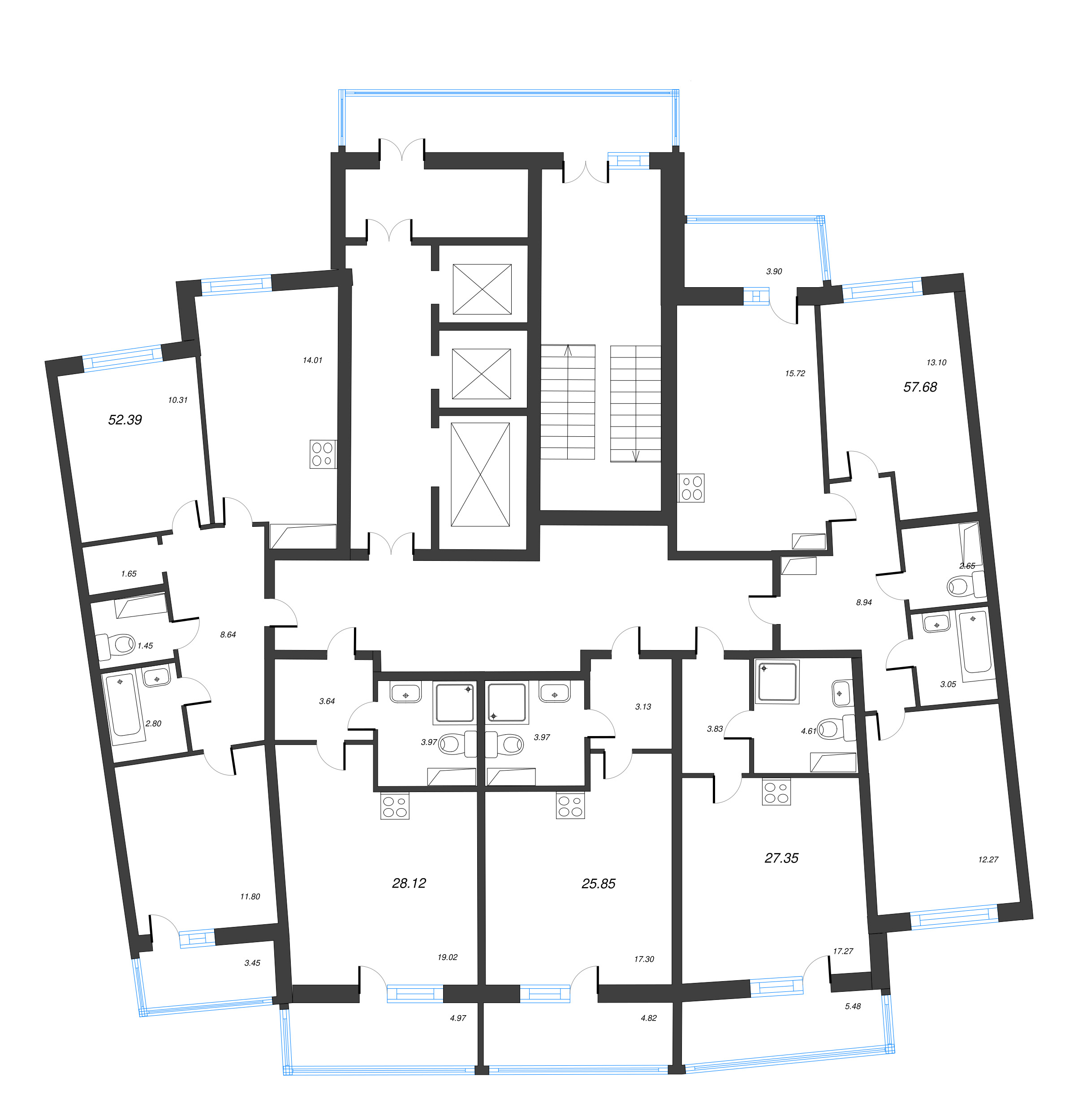 3-комнатная (Евро) квартира, 56.56 м² в ЖК "Дом Левитан" - планировка этажа