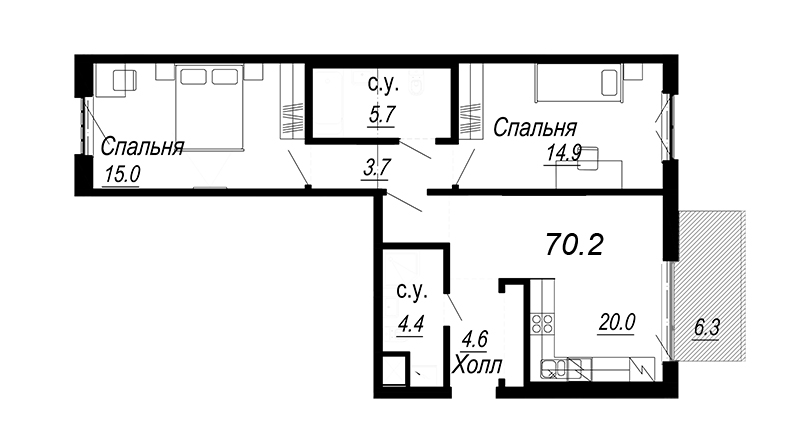 3-комнатная (Евро) квартира, 71.55 м² - планировка, фото №1