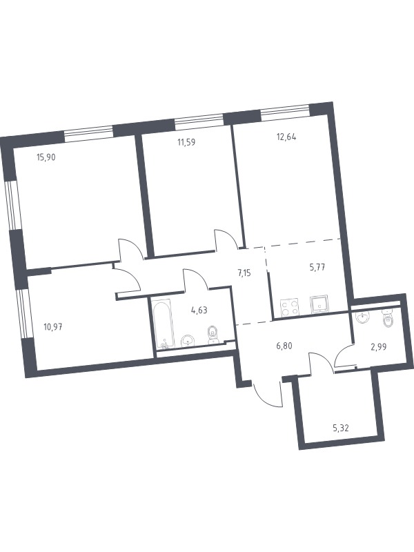 4-комнатная (Евро) квартира, 83.76 м² в ЖК "Квартал Лаголово" - планировка, фото №1
