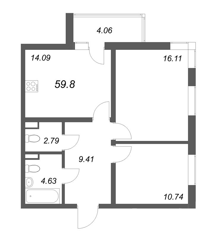 2-комнатная квартира, 59.8 м² - планировка, фото №1