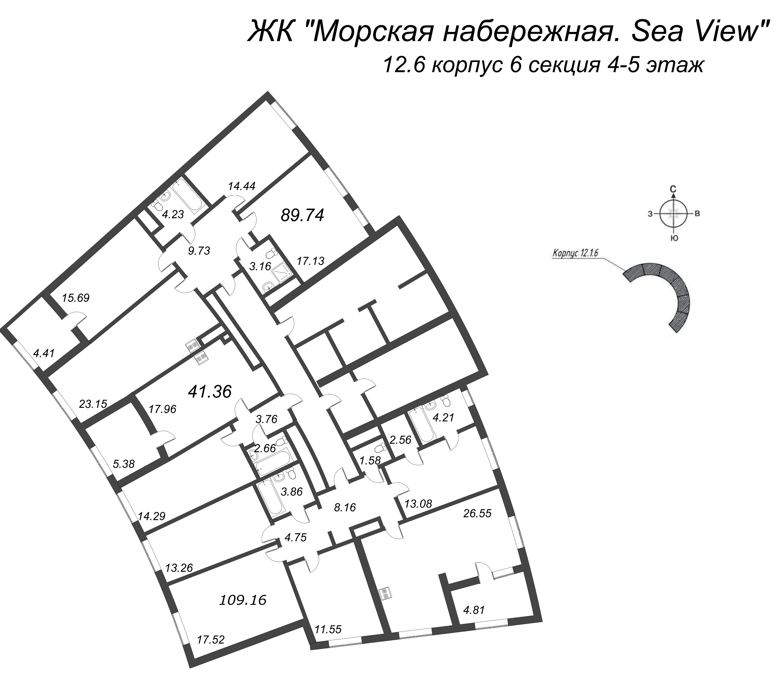 5-комнатная (Евро) квартира, 109.16 м² в ЖК "Морская набережная. SeaView" - планировка этажа