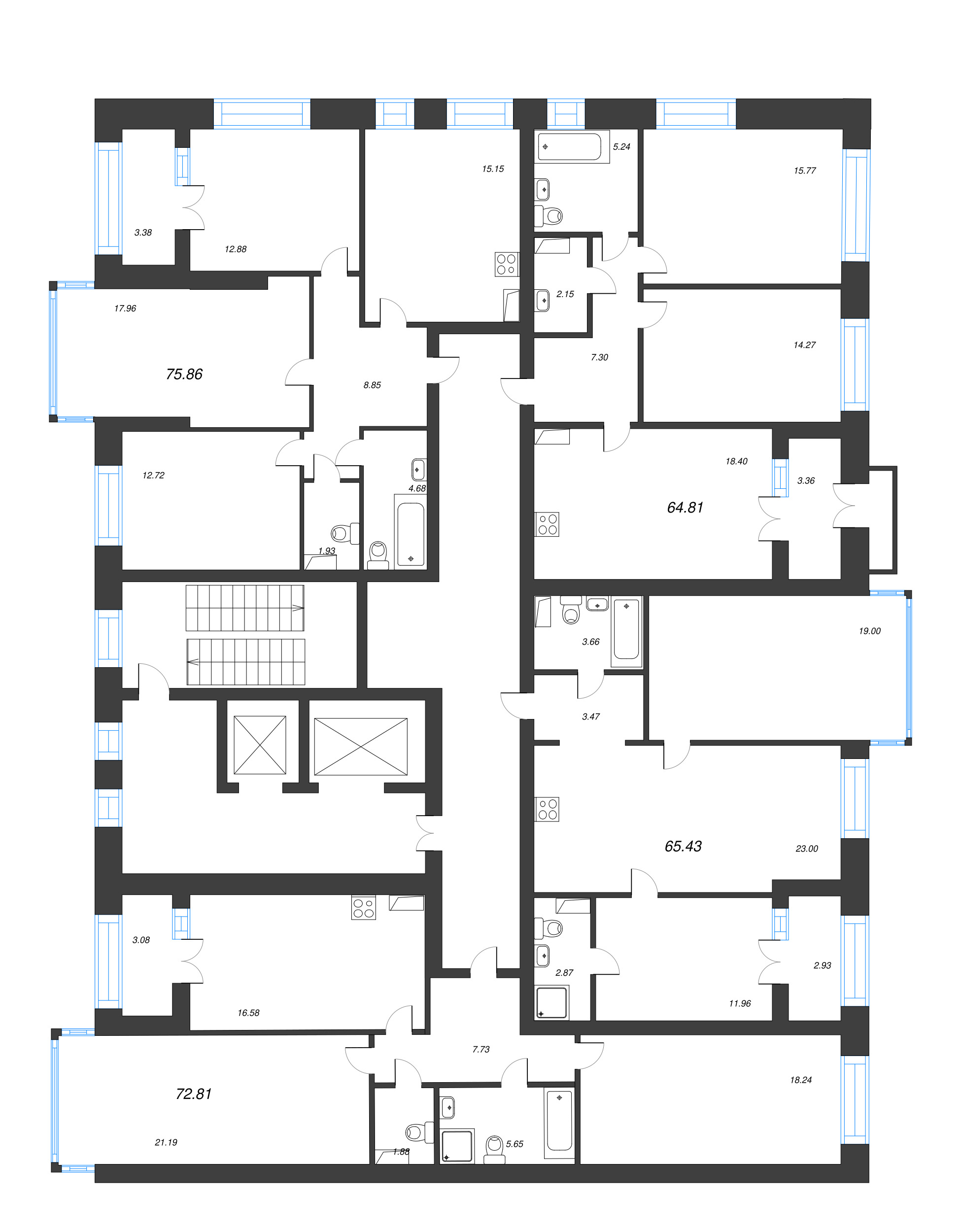 3-комнатная квартира, 75.86 м² в ЖК "Наука" - планировка этажа