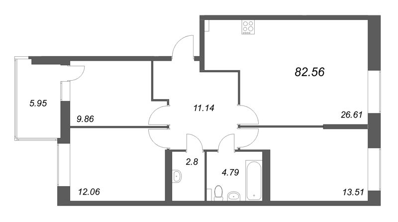 4-комнатная (Евро) квартира, 82.56 м² в ЖК "Аквилон RekaPark" - планировка, фото №1