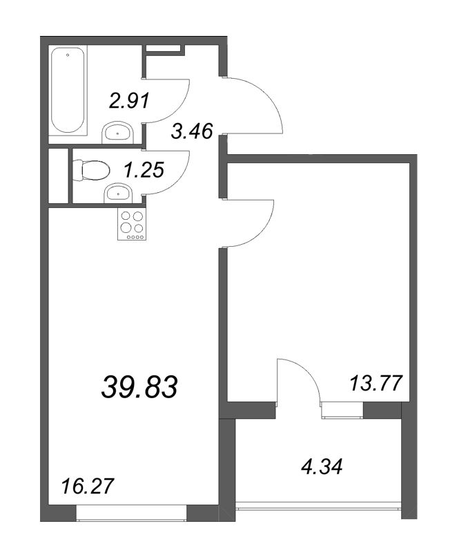 2-комнатная (Евро) квартира, 39.83 м² в ЖК "ЛесArt" - планировка, фото №1
