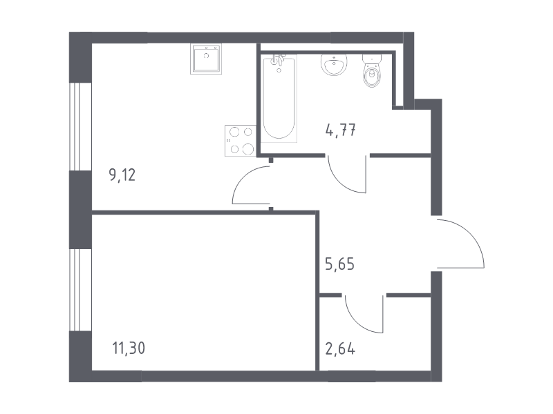 1-комнатная квартира, 33.48 м² - планировка, фото №1