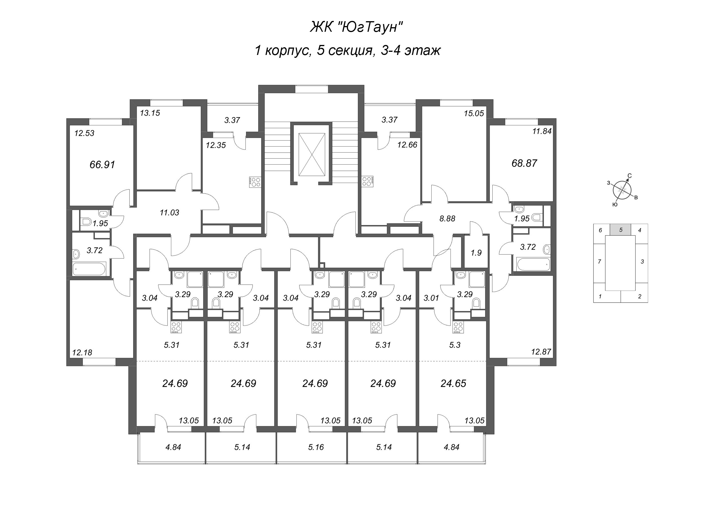 Квартира-студия, 24.65 м² в ЖК "ЮгТаун" - планировка этажа