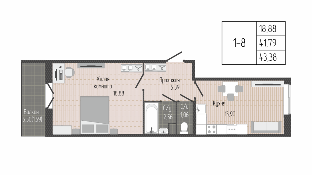 1-комнатная квартира, 41.6 м² в ЖК "Сертолово Парк" - планировка, фото №1