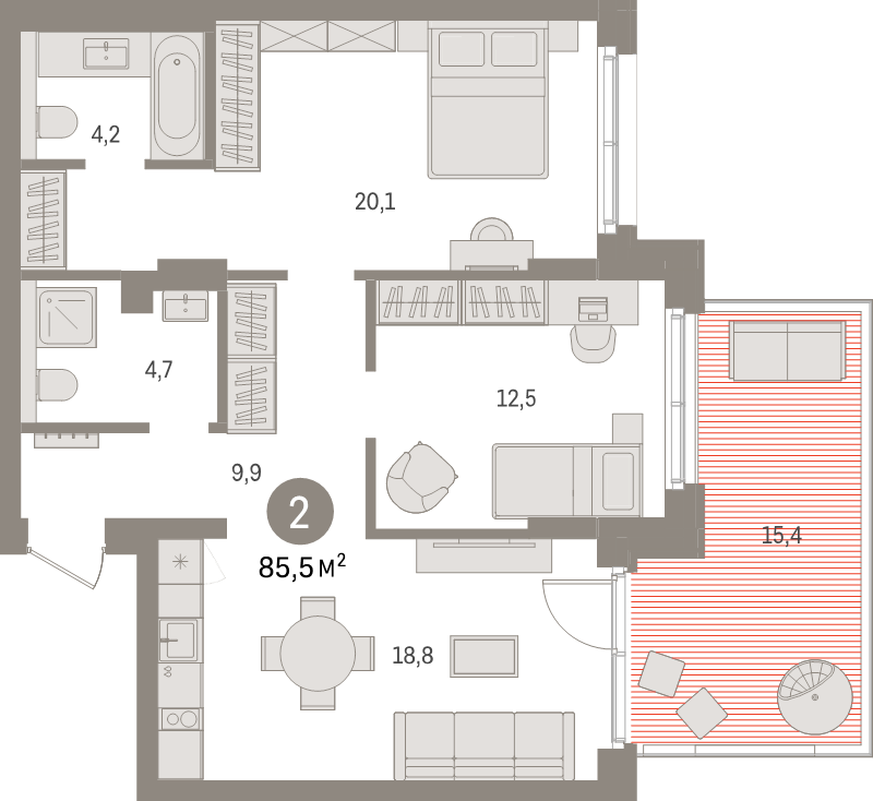 3-комнатная (Евро) квартира, 85.5 м² в ЖК "Брусника в Новоселье" - планировка, фото №1