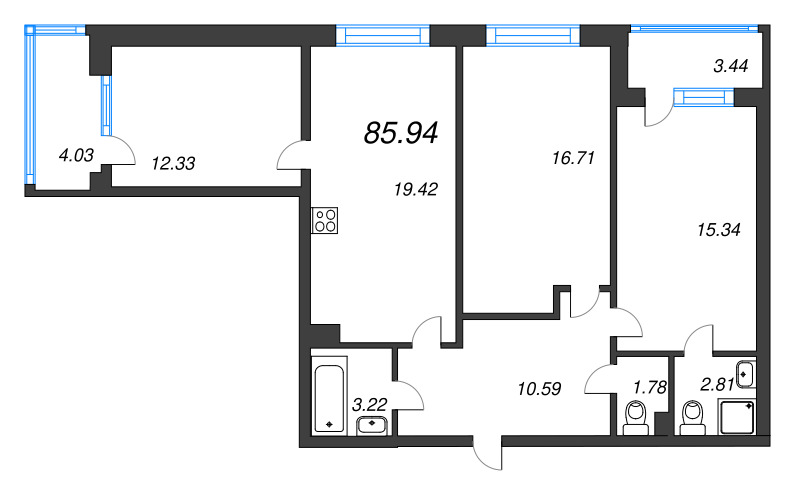 4-комнатная (Евро) квартира, 85.94 м² в ЖК "Охтинские высоты" - планировка, фото №1