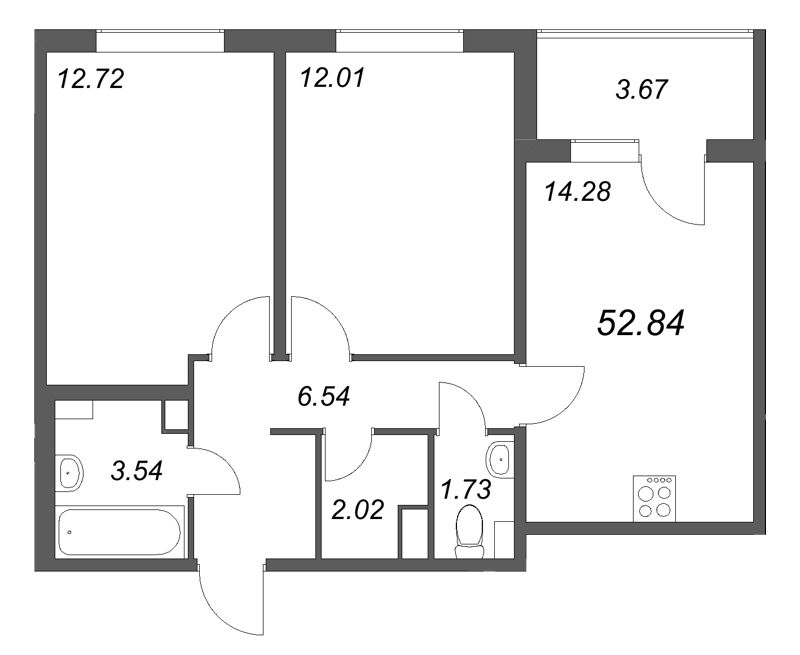2-комнатная квартира, 52.84 м² в ЖК "Любоград" - планировка, фото №1