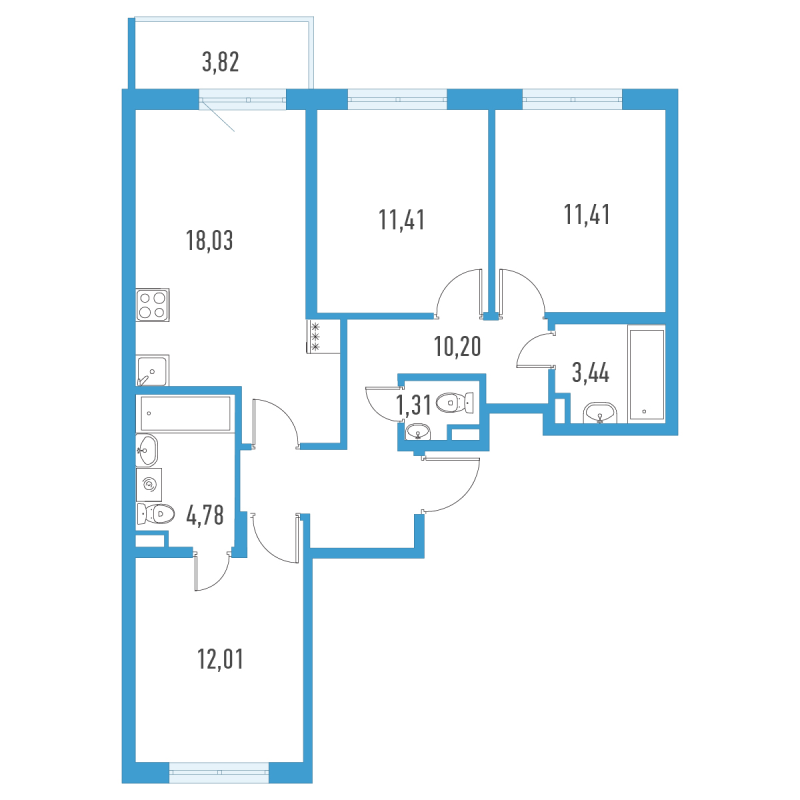 4-комнатная (Евро) квартира, 73.74 м² в ЖК "Аэросити" - планировка, фото №1