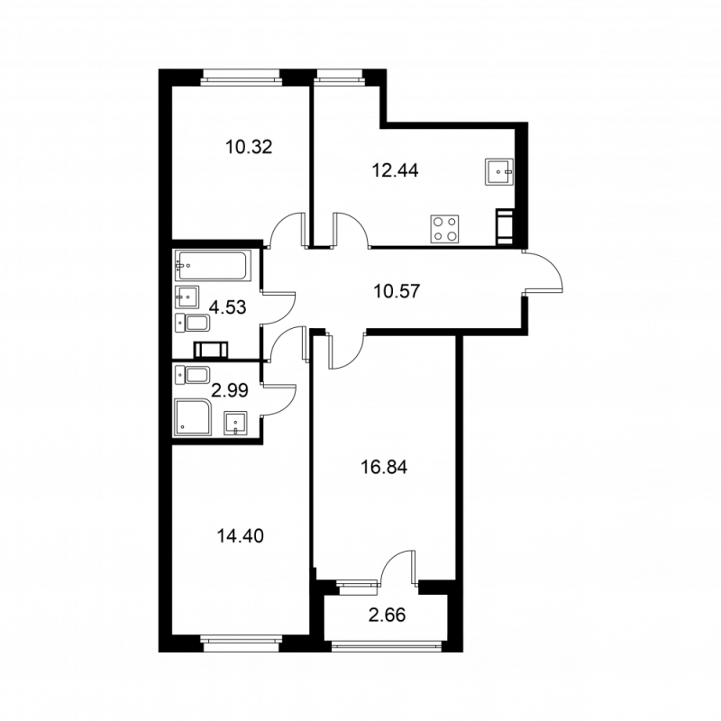 3-комнатная квартира, 73.42 м² - планировка, фото №1
