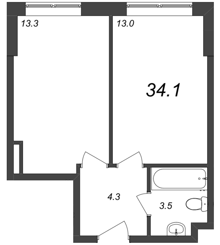 1-комнатная квартира, 33.75 м² - планировка, фото №1
