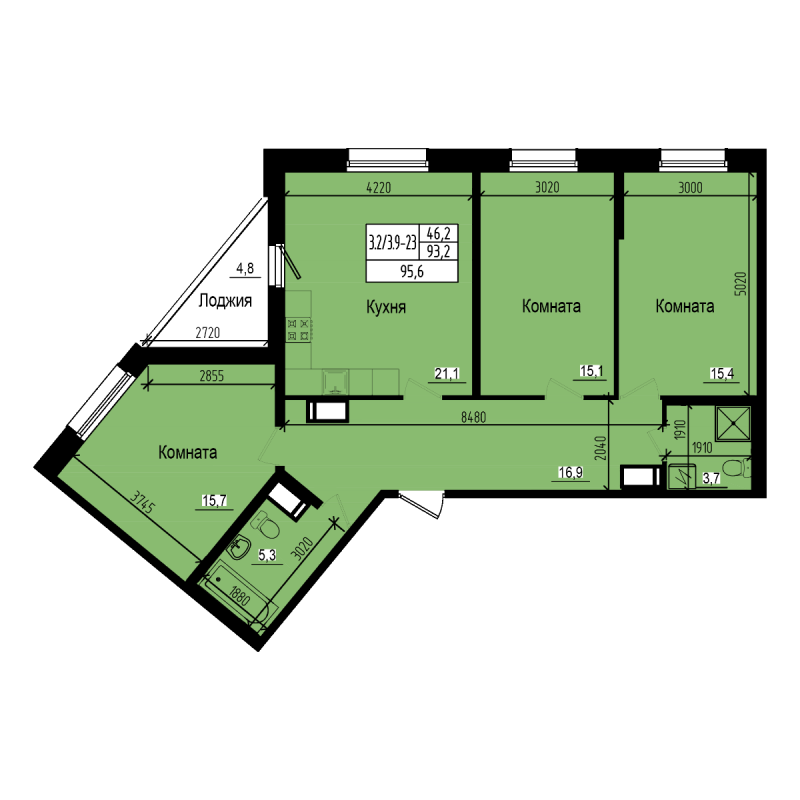 4-комнатная (Евро) квартира, 95.6 м² - планировка, фото №1