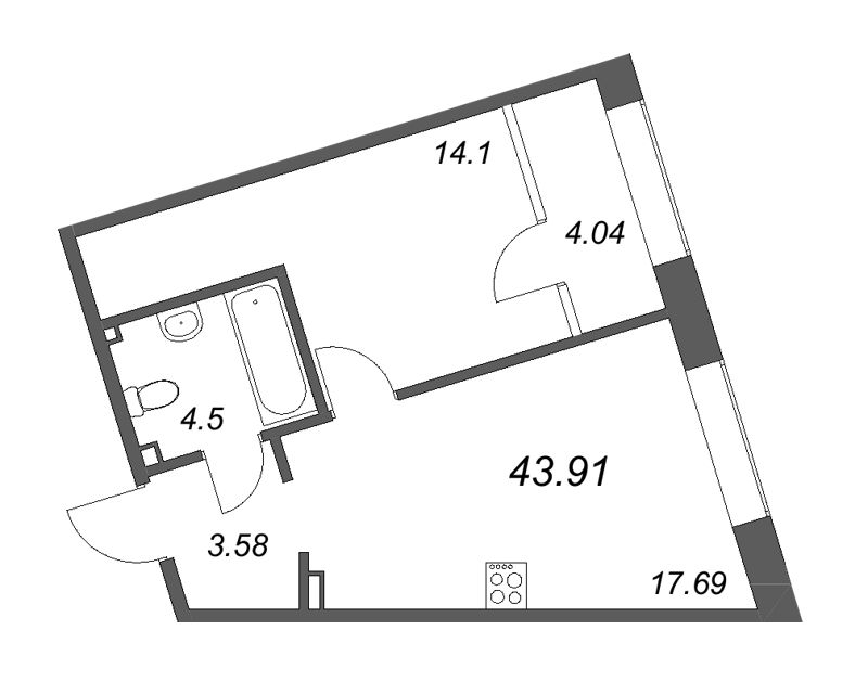 2-комнатная (Евро) квартира, 43.91 м² - планировка, фото №1