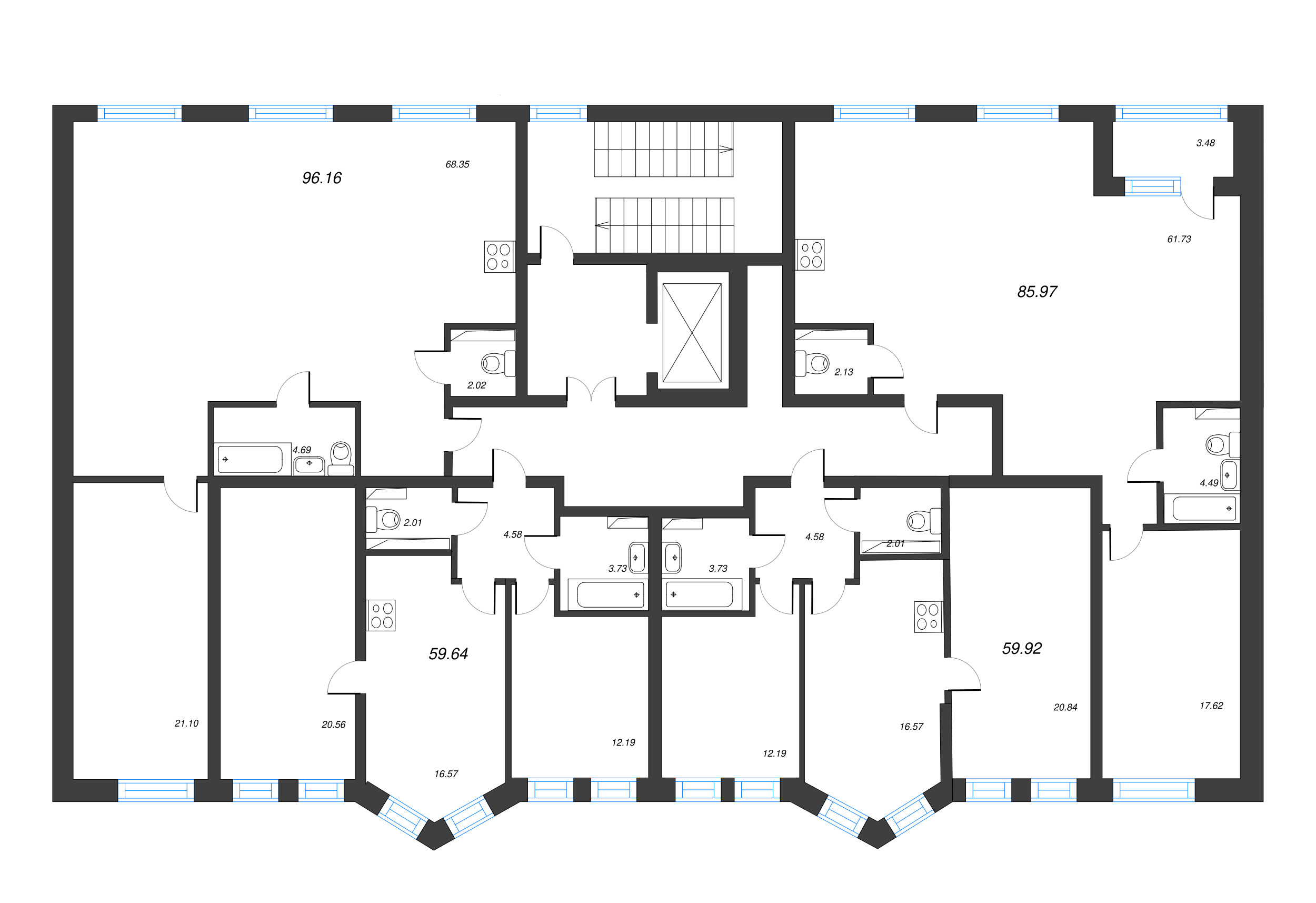 3-комнатная (Евро) квартира, 59.64 м² - планировка этажа