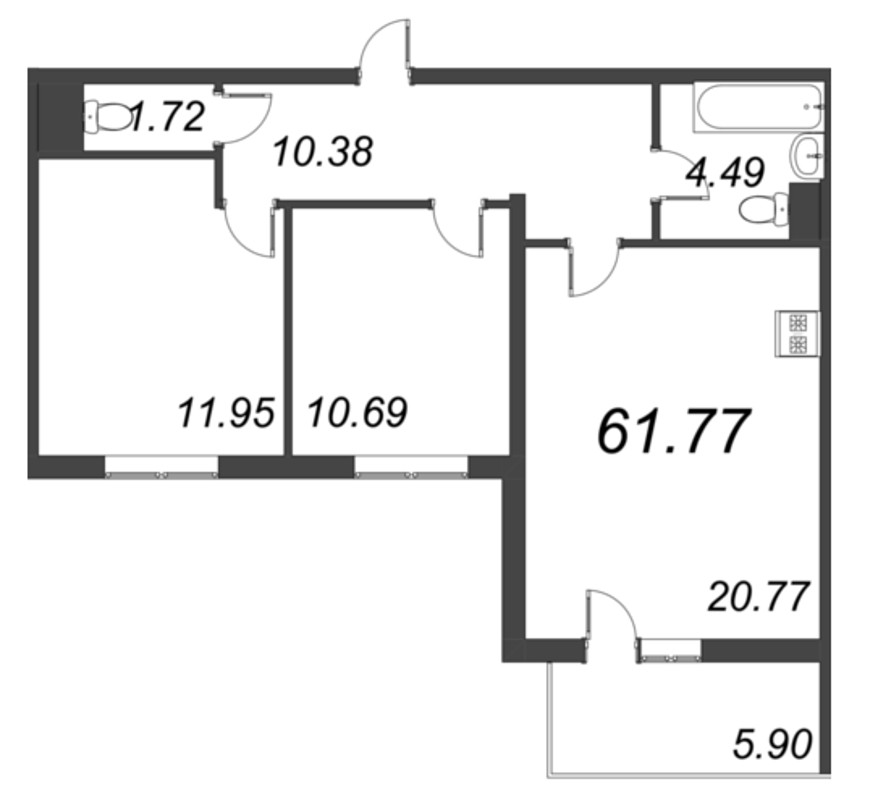 2-комнатная квартира, 61.77 м² - планировка, фото №1