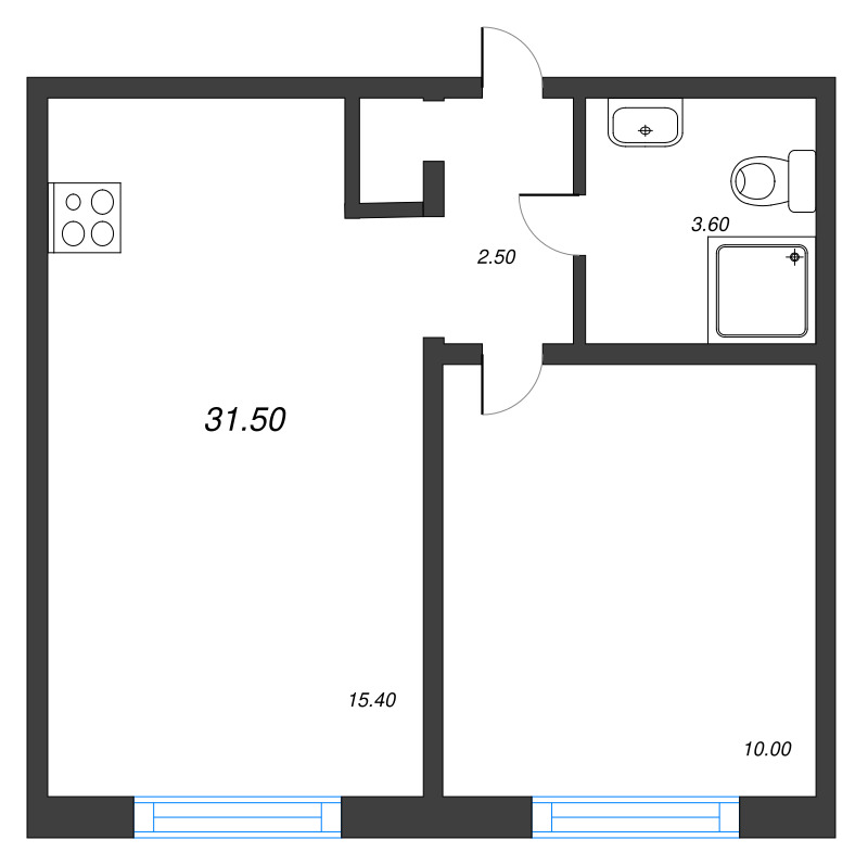 2-комнатная (Евро) квартира, 31.5 м² в ЖК "Пейзажный квартал" - планировка, фото №1