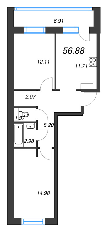2-комнатная квартира, 56.88 м² - планировка, фото №1