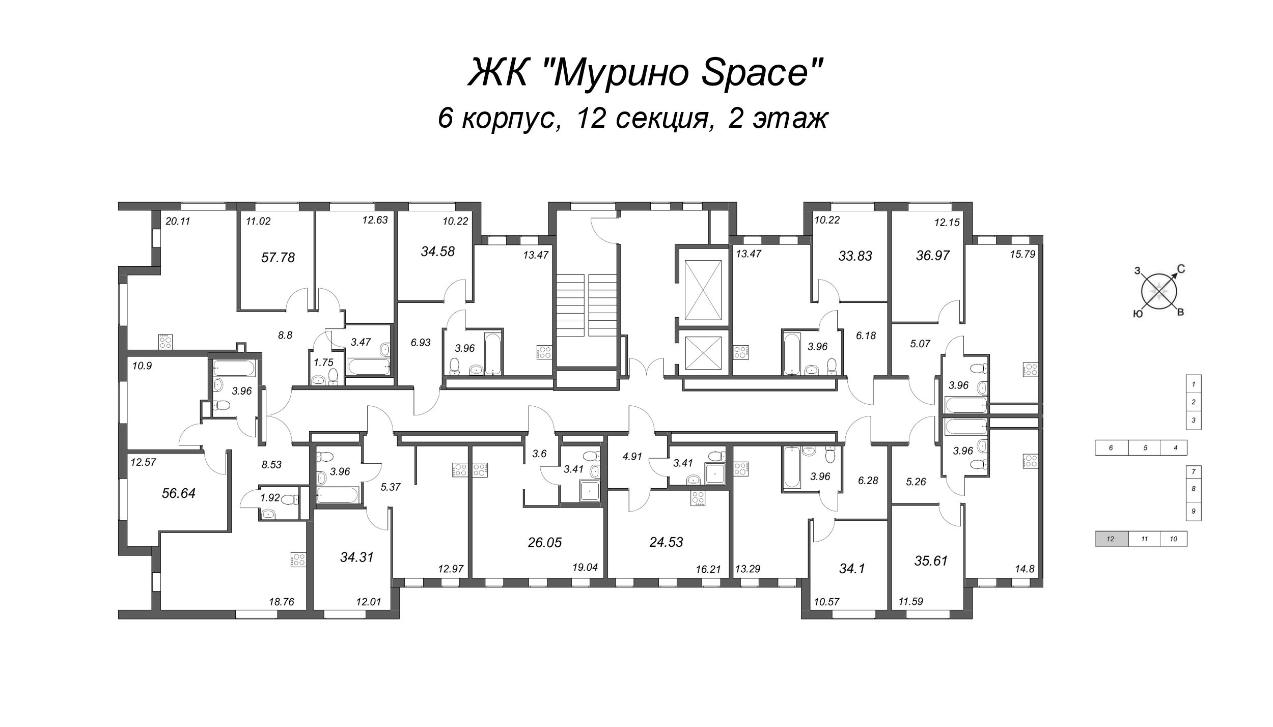 3-комнатная (Евро) квартира, 56.64 м² - планировка этажа
