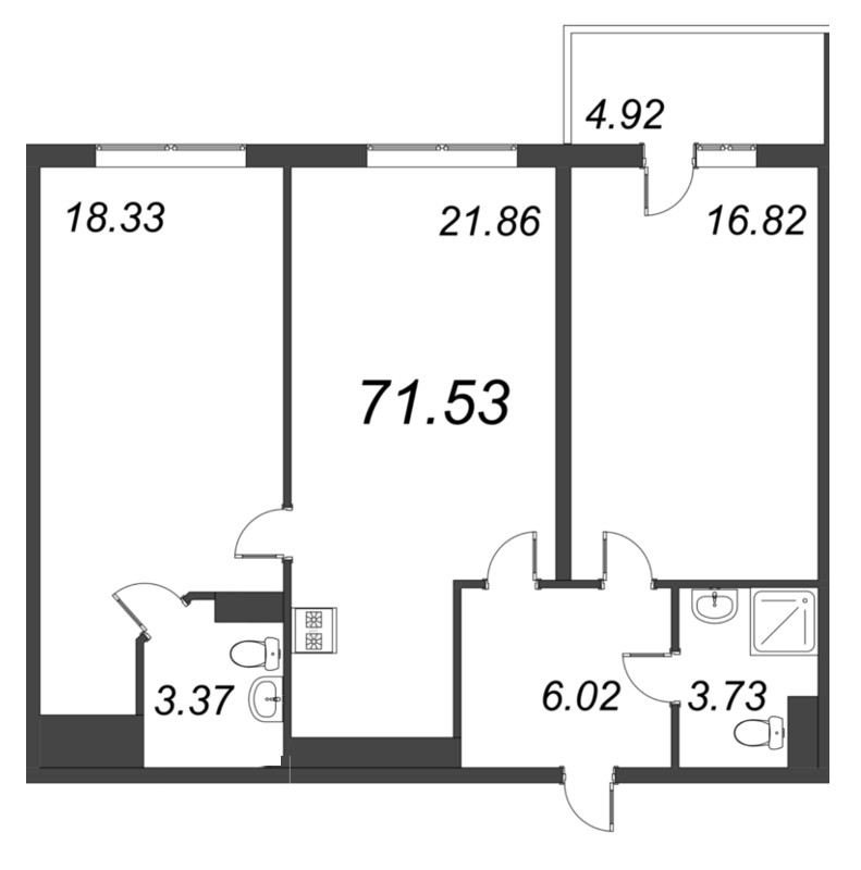 3-комнатная (Евро) квартира, 71.53 м² - планировка, фото №1
