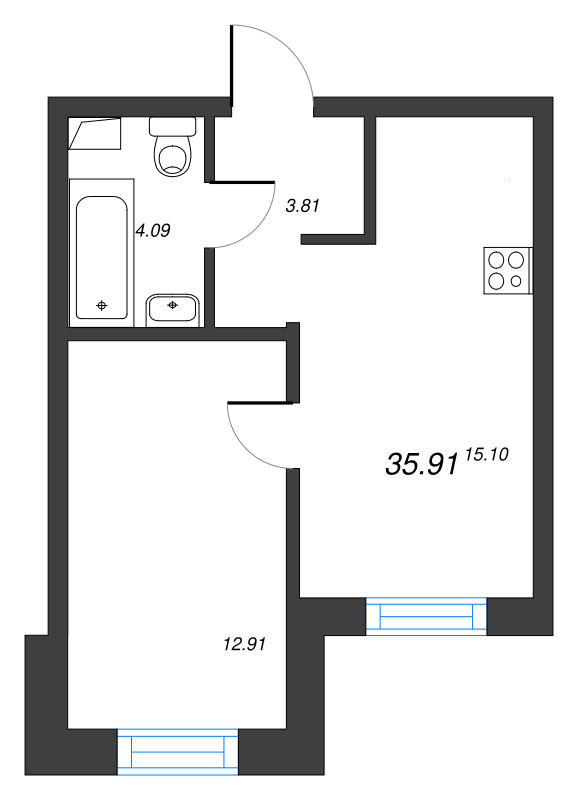 2-комнатная (Евро) квартира, 35.91 м² в ЖК "Тишин" - планировка, фото №1