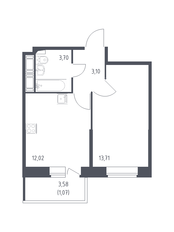 1-комнатная квартира, 33.6 м² - планировка, фото №1