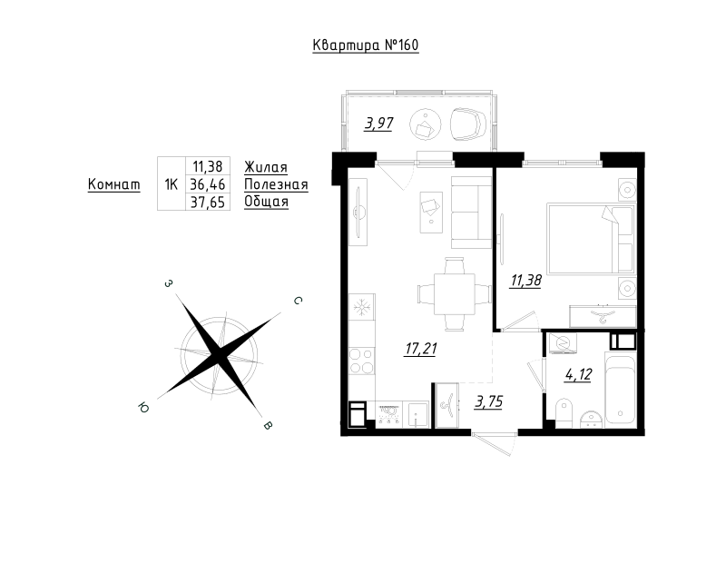 2-комнатная (Евро) квартира, 37.65 м² в ЖК "Счастье 2.0" - планировка, фото №1