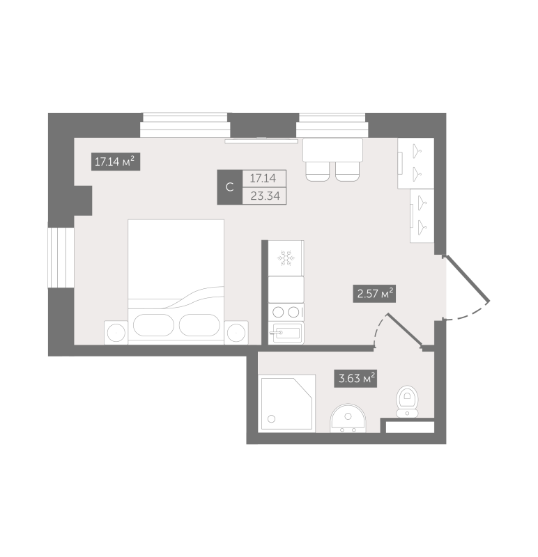 Квартира-студия, 23.34 м² - планировка, фото №1