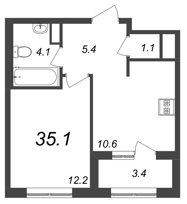 1-комнатная квартира, 35.2 м² в ЖК "Галактика" - планировка, фото №1