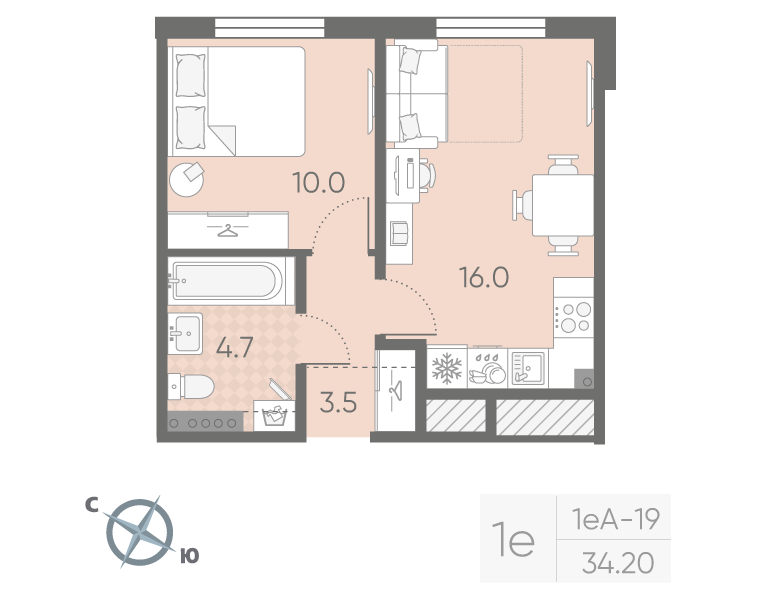 2-комнатная (Евро) квартира, 34.2 м² в ЖК "Пулково Lake" - планировка, фото №1