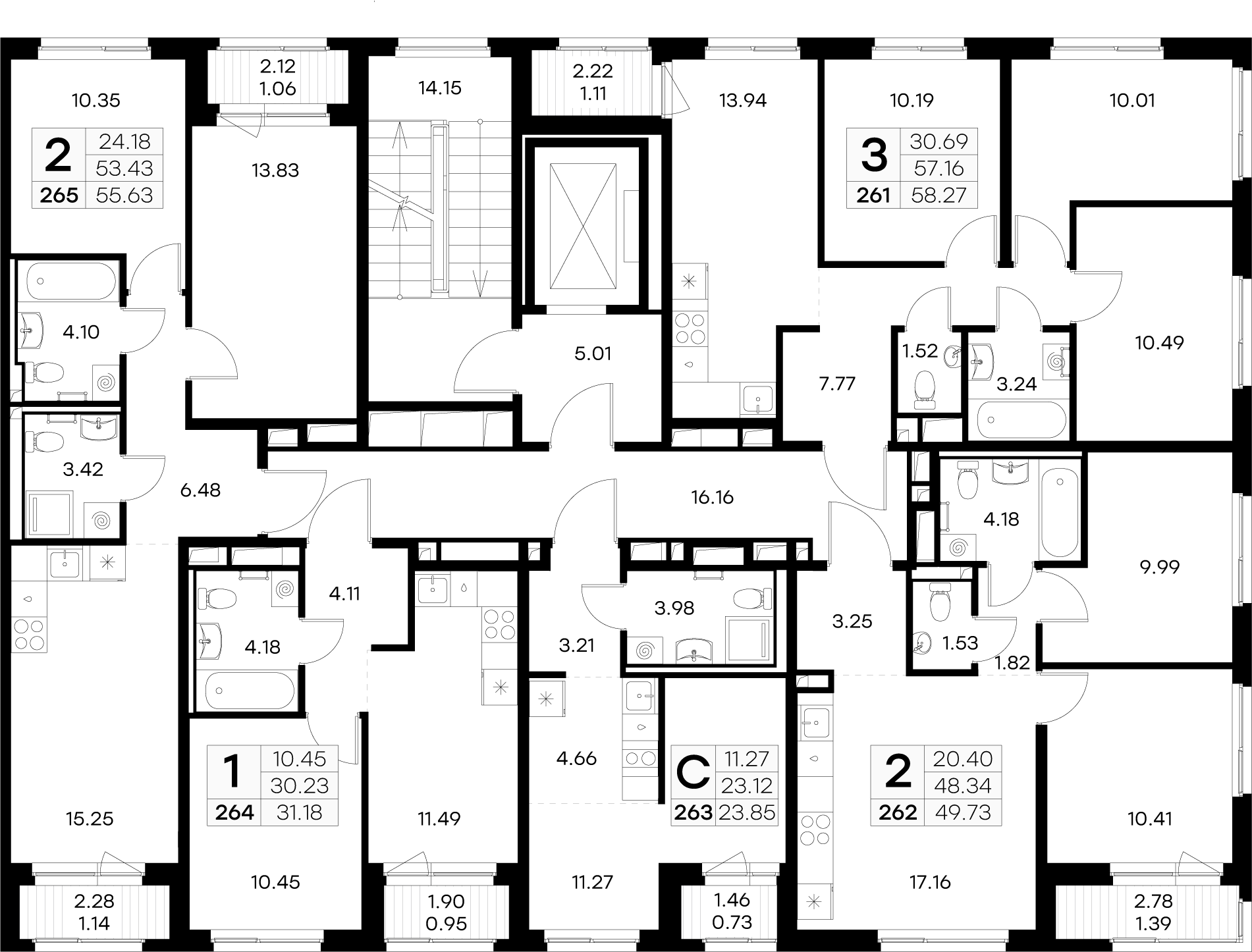 3-комнатная (Евро) квартира, 49.73 м² - планировка этажа