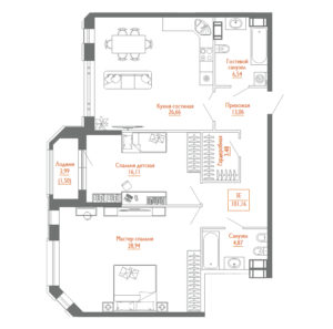 3-комнатная (Евро) квартира, 100.9 м² в ЖК "Monodom Line" - планировка, фото №1