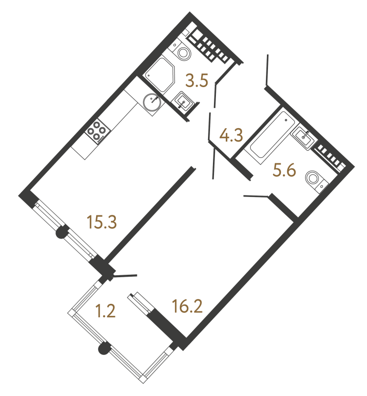2-комнатная (Евро) квартира, 44.9 м² - планировка, фото №1