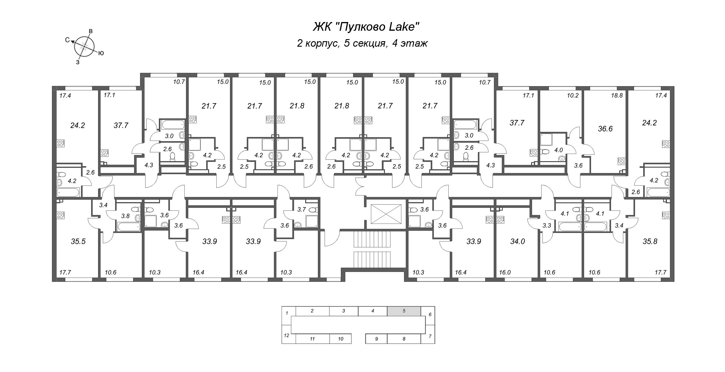 2-комнатная (Евро) квартира, 33.9 м² в ЖК "Пулково Лейк" - планировка этажа