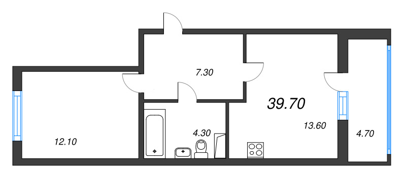 1-комнатная квартира, 39.7 м² - планировка, фото №1