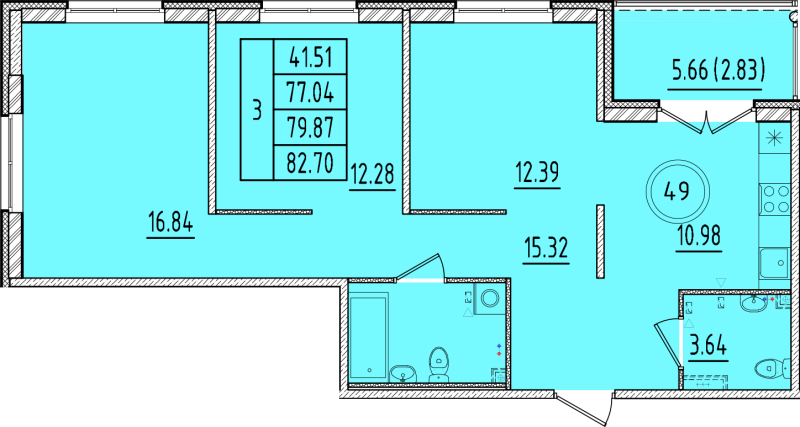 3-комнатная квартира, 77.04 м² - планировка, фото №1