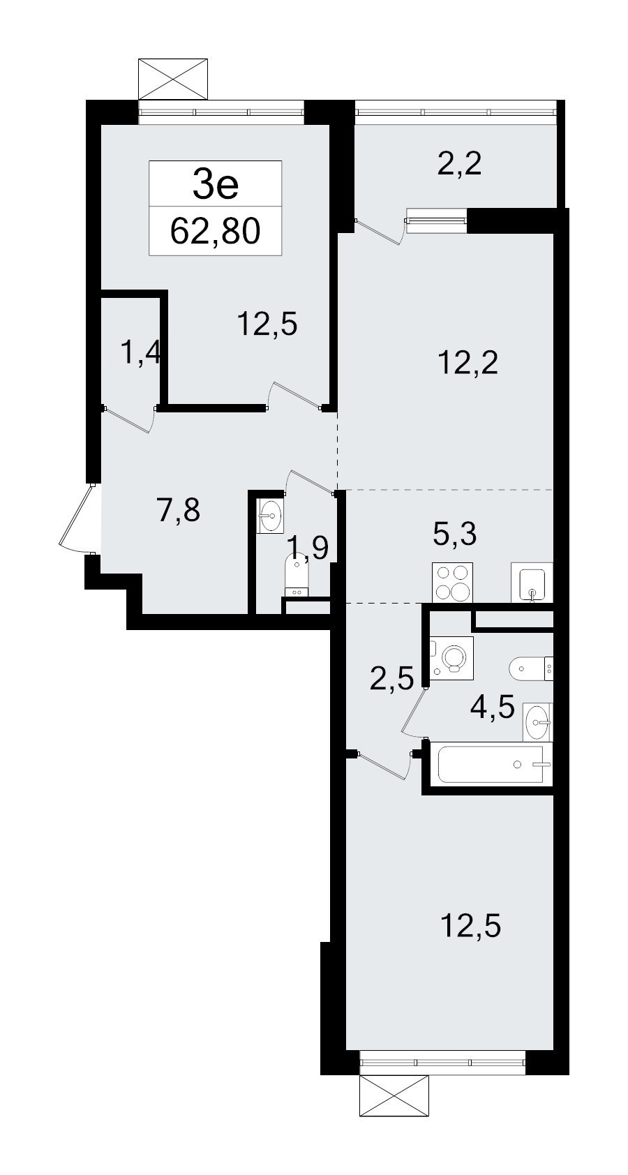 3-комнатная (Евро) квартира, 62.8 м² - планировка, фото №1