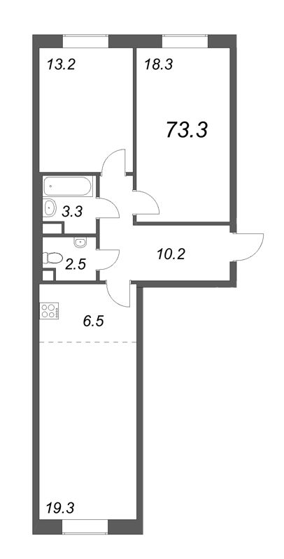 3-комнатная (Евро) квартира, 73.1 м² - планировка, фото №1