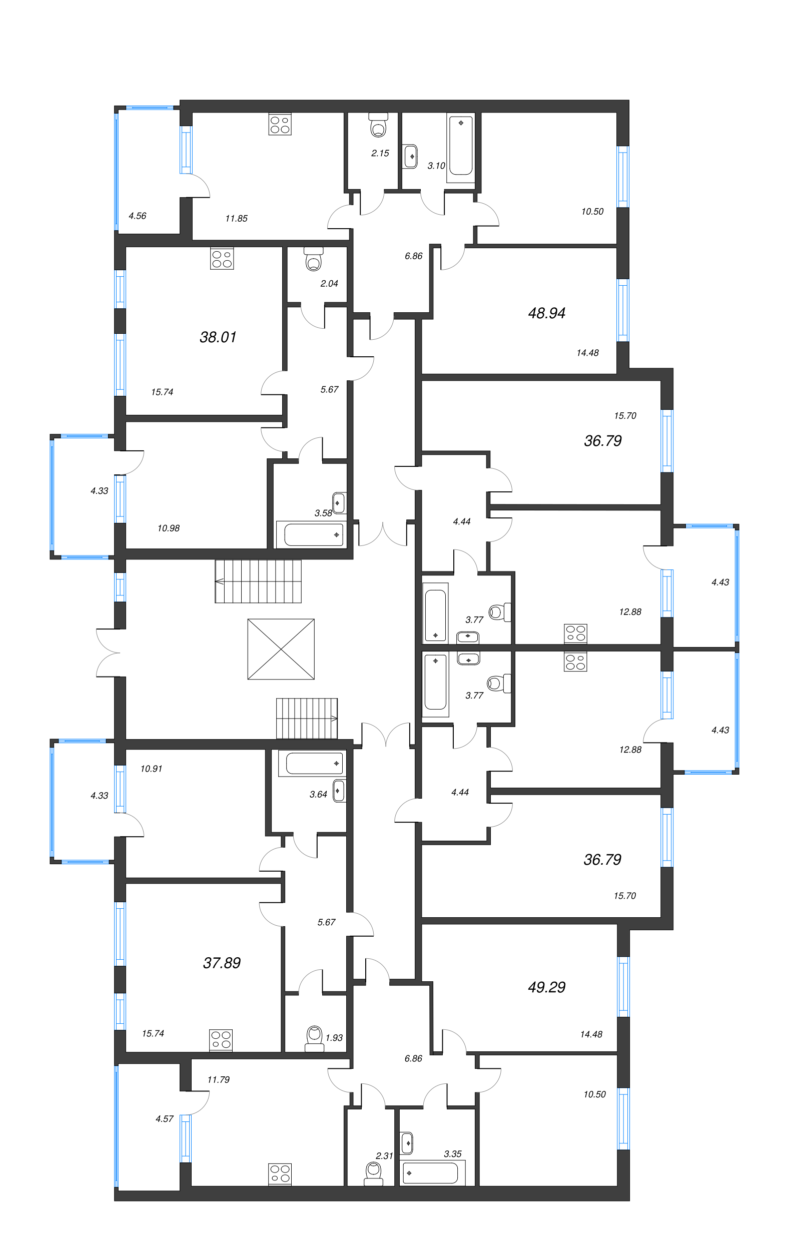 2-комнатная (Евро) квартира, 37.89 м² - планировка этажа