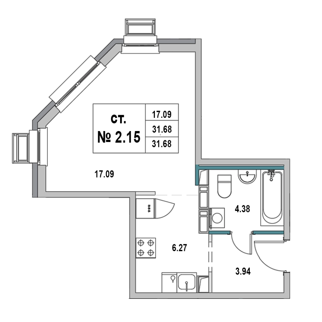 Квартира-студия, 31.68 м² в ЖК "Новый Город" - планировка, фото №1