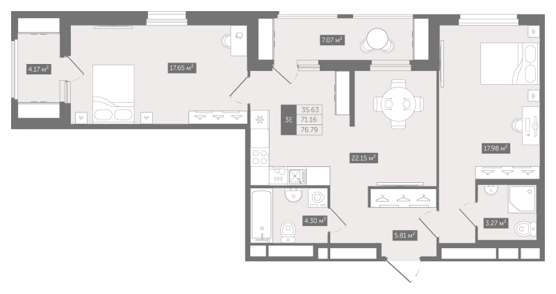 3-комнатная (Евро) квартира, 76.79 м² в ЖК "Квартал «Воронцовский»" - планировка, фото №1