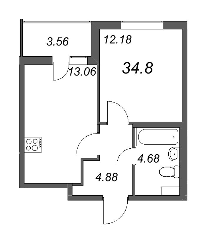 1-комнатная квартира, 34.8 м² в ЖК "Ясно.Янино" - планировка, фото №1