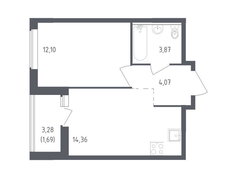 1-комнатная квартира, 36.09 м² - планировка, фото №1