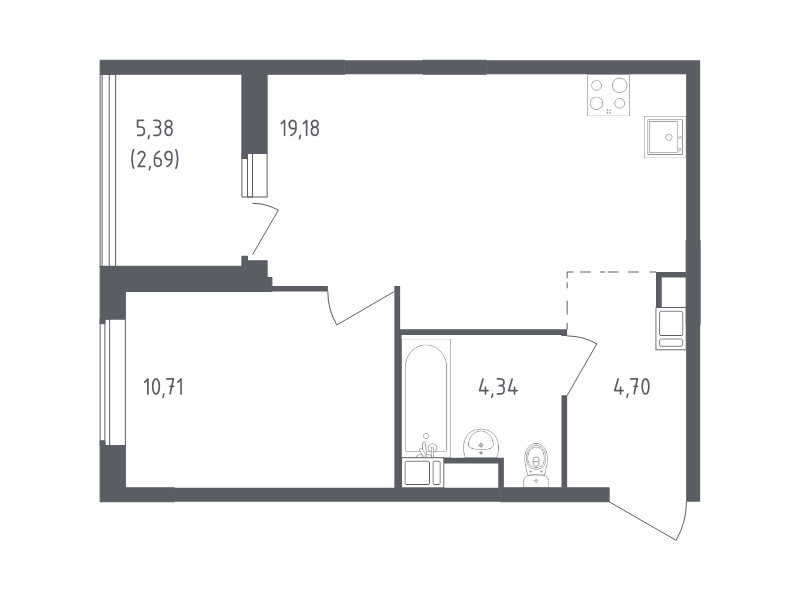 2-комнатная (Евро) квартира, 41.62 м² - планировка, фото №1