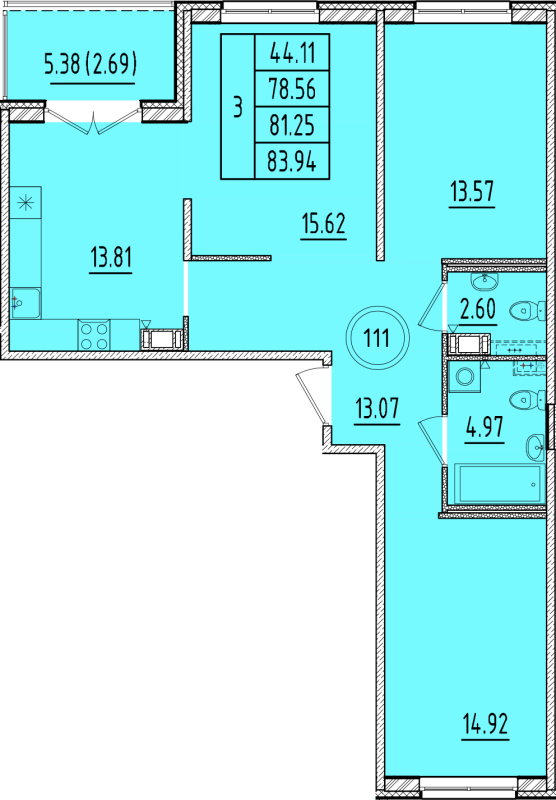 3-комнатная квартира, 78.56 м² - планировка, фото №1