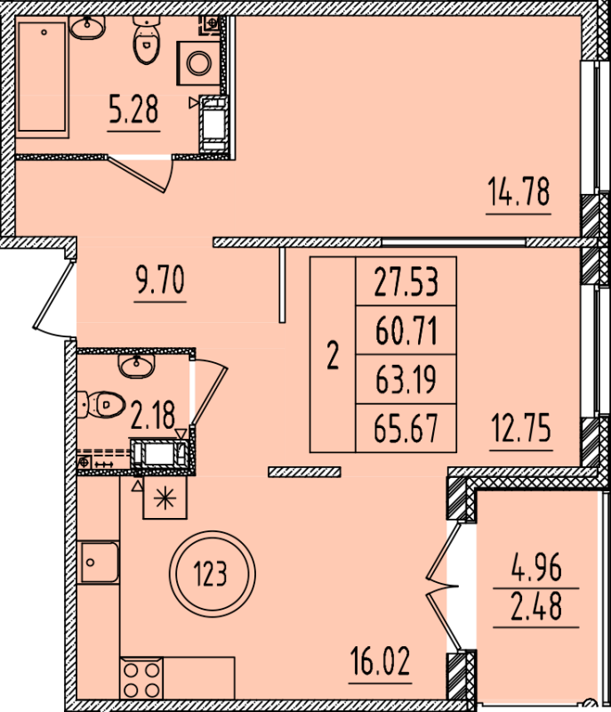 3-комнатная (Евро) квартира, 60.71 м² - планировка, фото №1