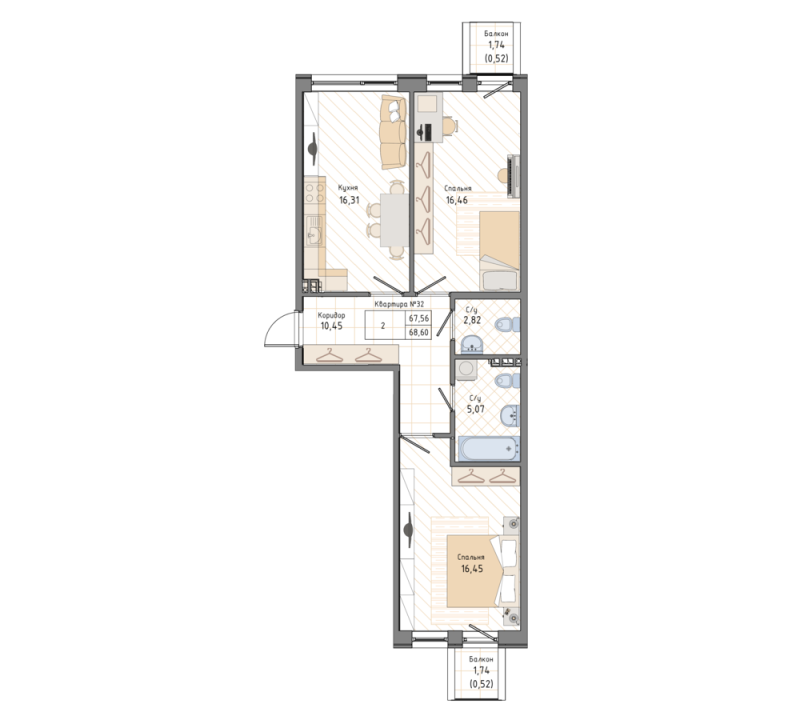2-комнатная квартира, 68.6 м² в ЖК "Мануфактура James Beck" - планировка, фото №1
