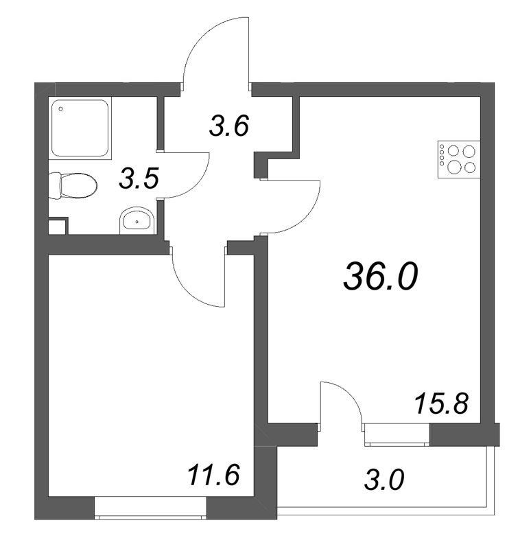 2-комнатная (Евро) квартира, 36 м² в ЖК "Ручьи" - планировка, фото №1
