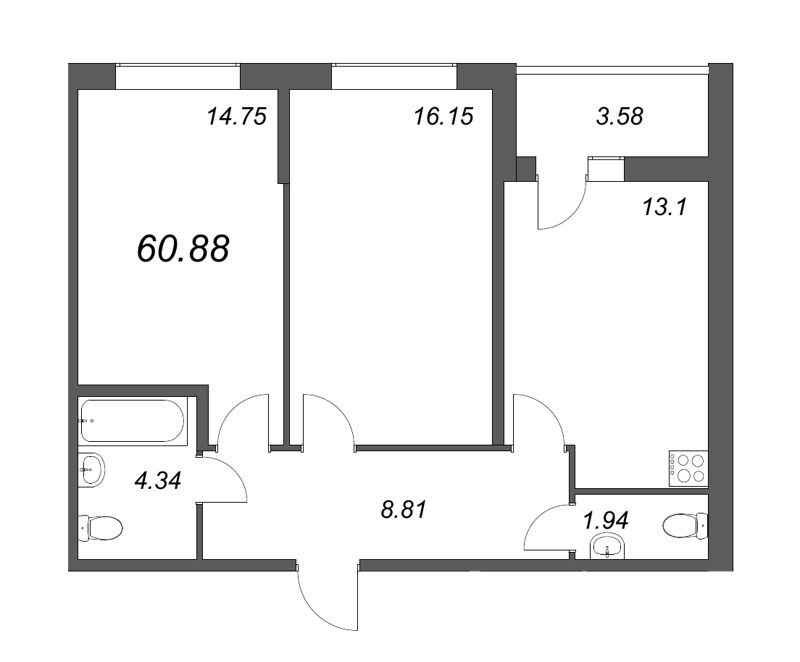 2-комнатная квартира, 59.5 м² - планировка, фото №1